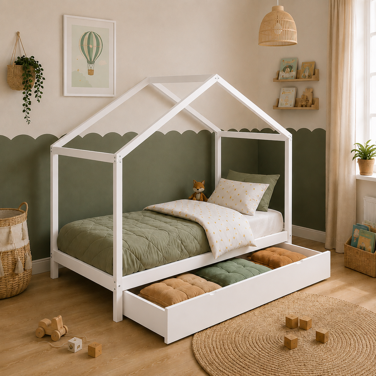 Lit cabane enfant Bruyère en bois massif, finition blanc, avec tiroir