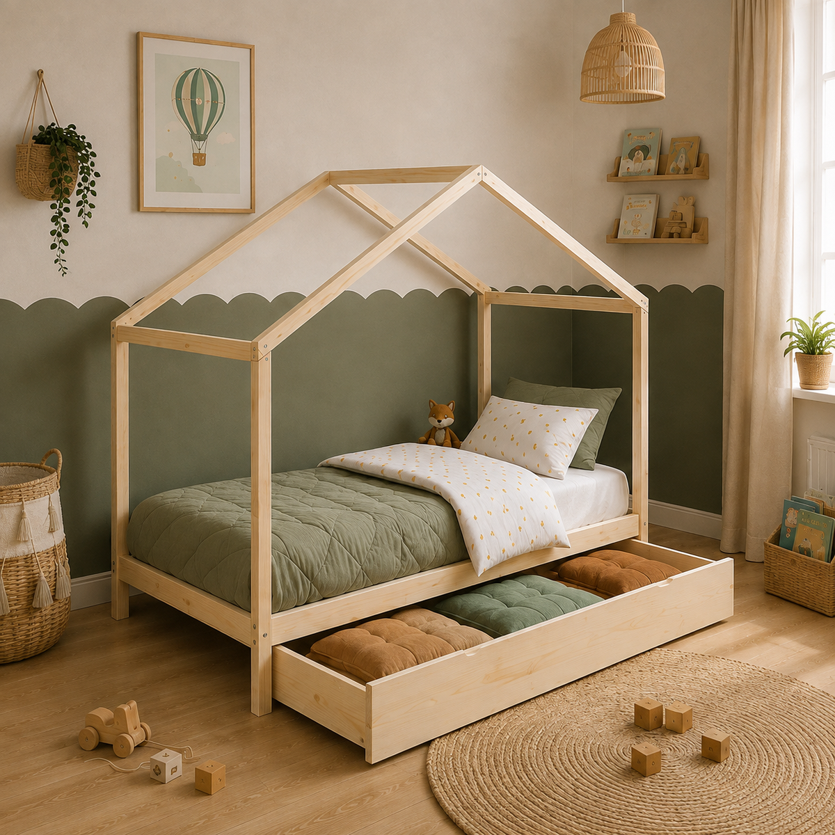 Lit cabane enfant Bruyère en bois massif, finition bois naturel, avec tiroir