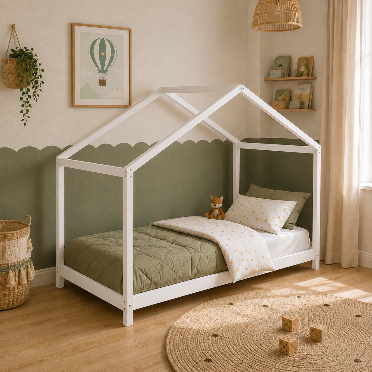 Lit cabane enfant Bruyère en bois massif, finition blanc