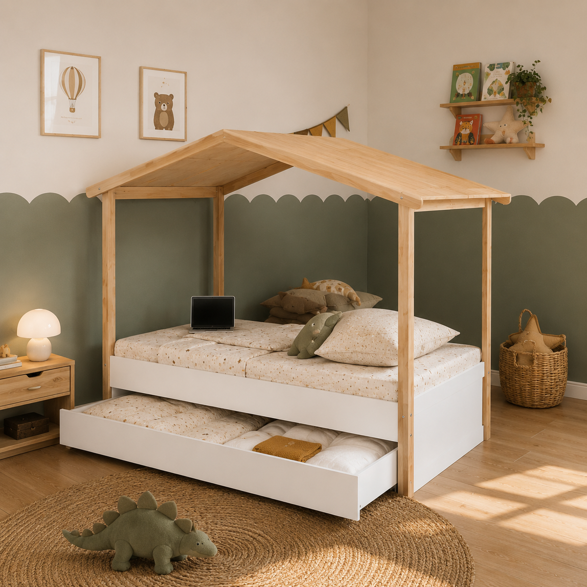 Lit cabane enfant Bastide avec grand tiroir, blanc et bois naturel