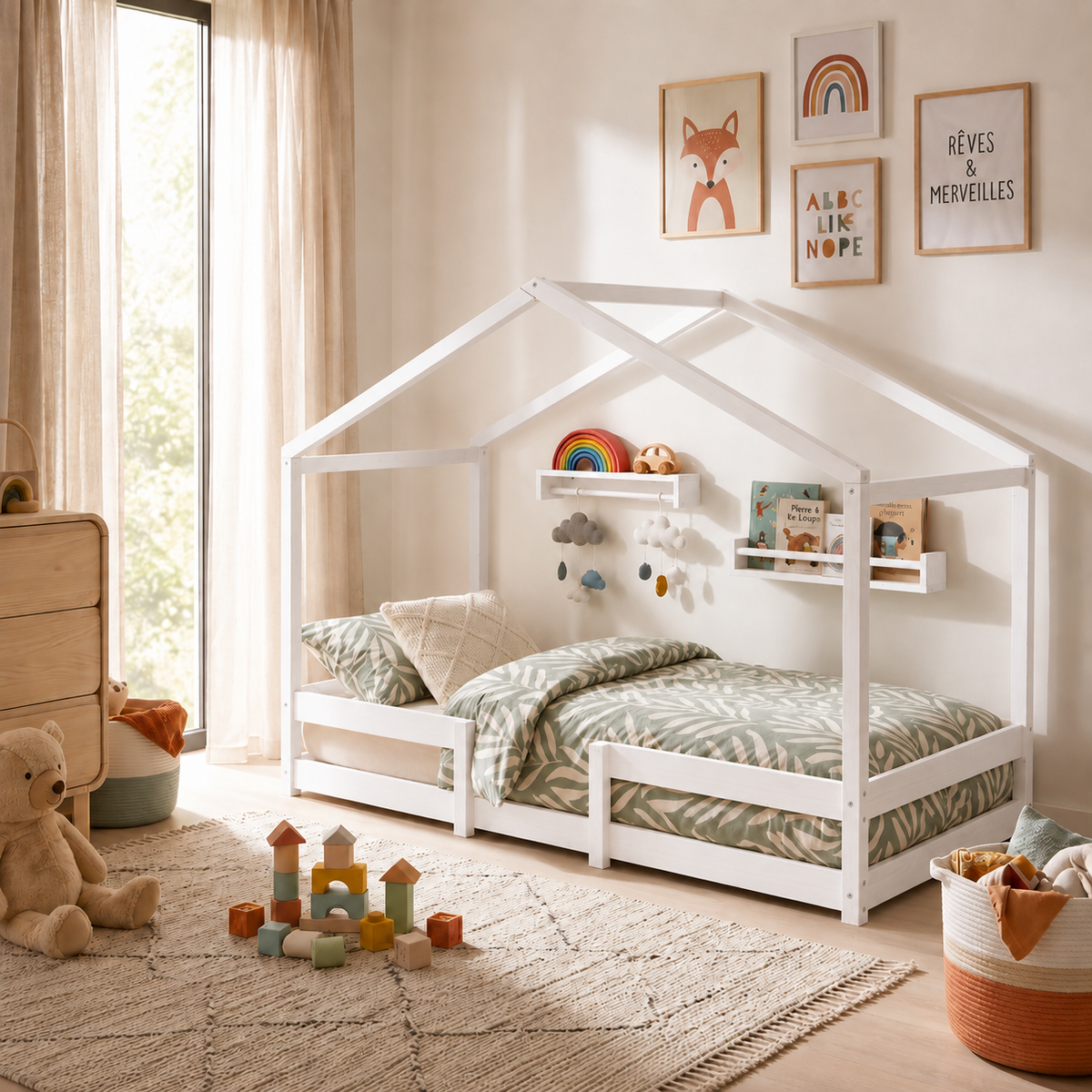 Lit cabane enfant Canopée en bois massif, finition blanc