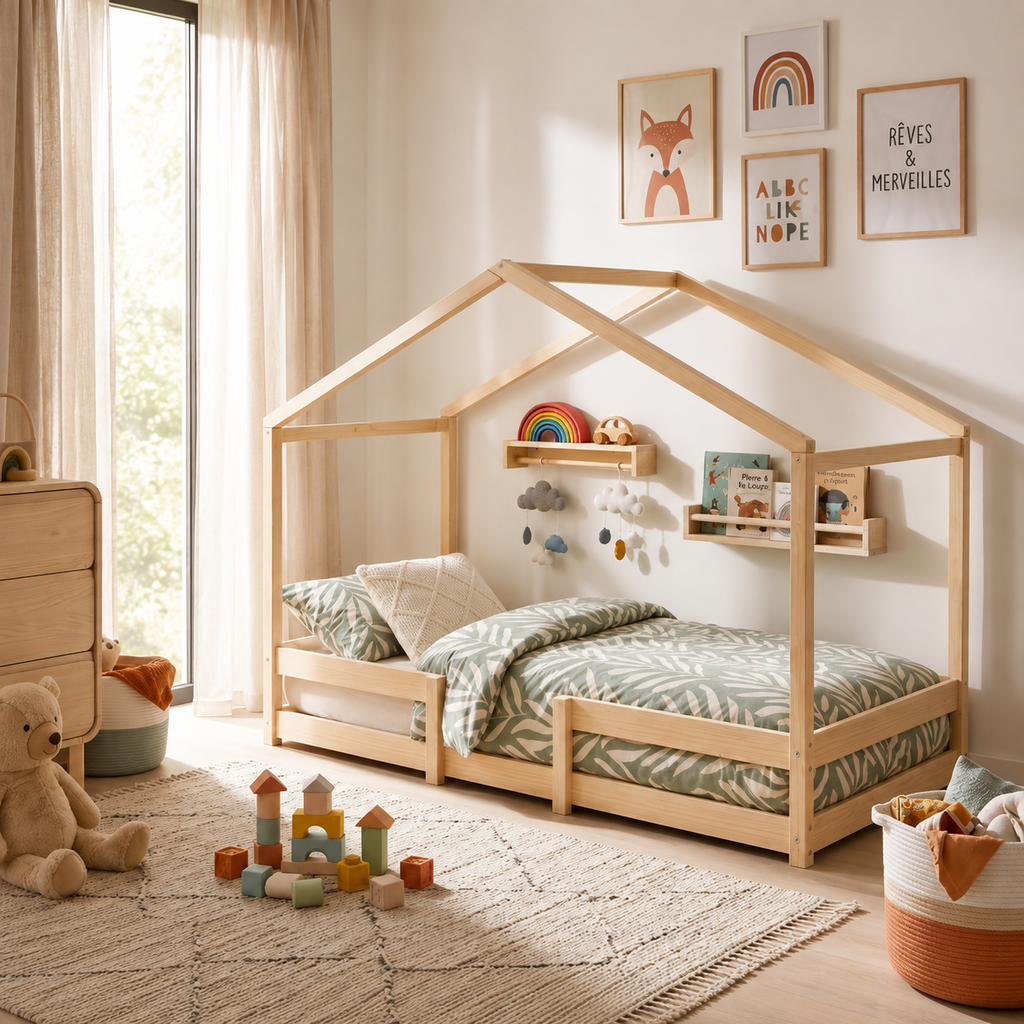 Lit cabane enfant Canopée en bois massif, finition bois naturel
