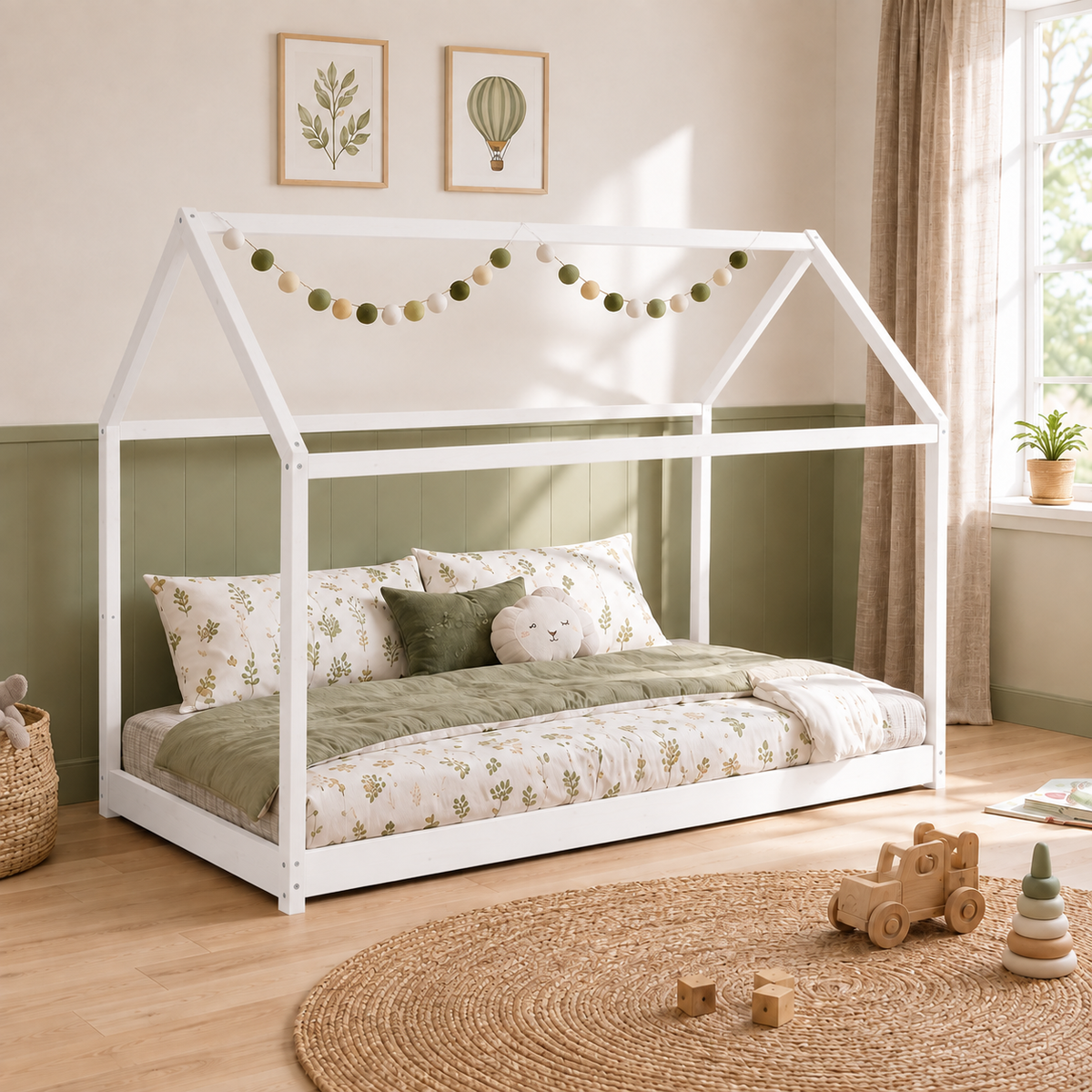 Lit cabane enfant Clairière en bois massif, finition blanc