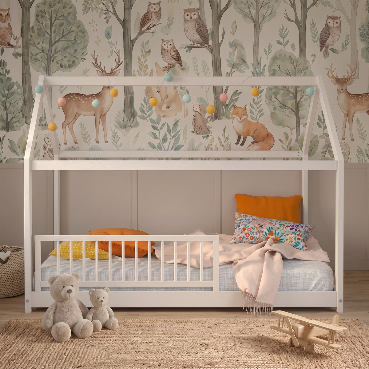 Lit cabane enfant Clairière en bois massif, finition blanc, avec barrière