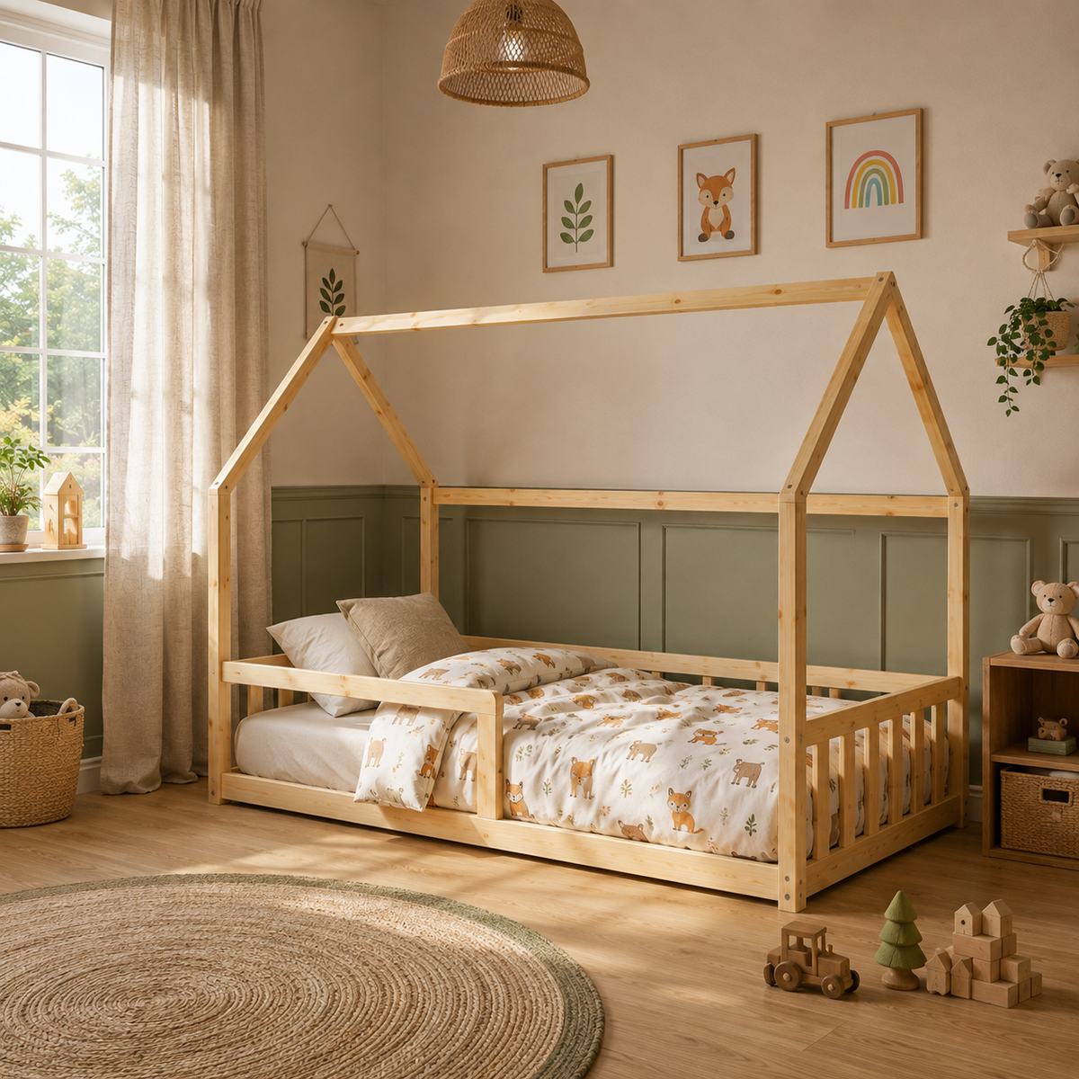 Lit cabane enfant Nid en bois massif avec barrière, finition bois naturel