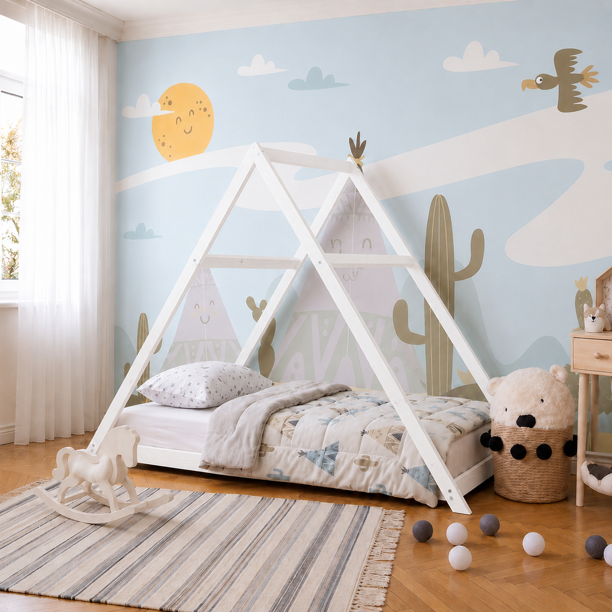 Lit cabane enfant Totem à toit tipi en bois massif, finition blanc