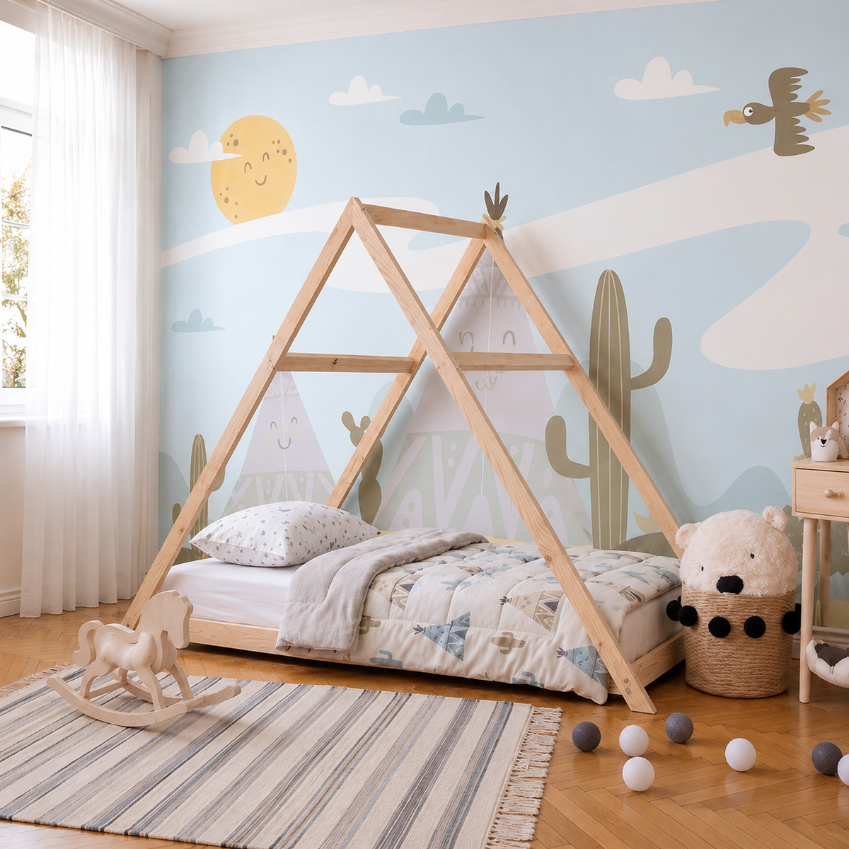 Lit cabane enfant Totem à toit tipi en bois massif, finition bois naturel