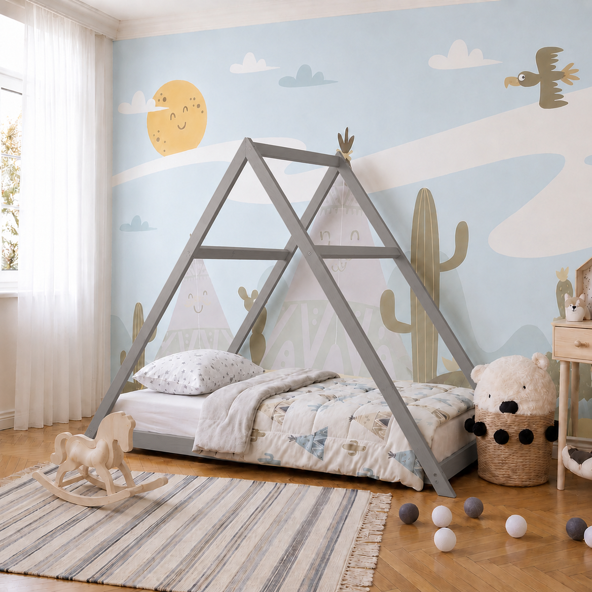 Lit cabane enfant Totem à toit tipi en bois massif, finition gris
