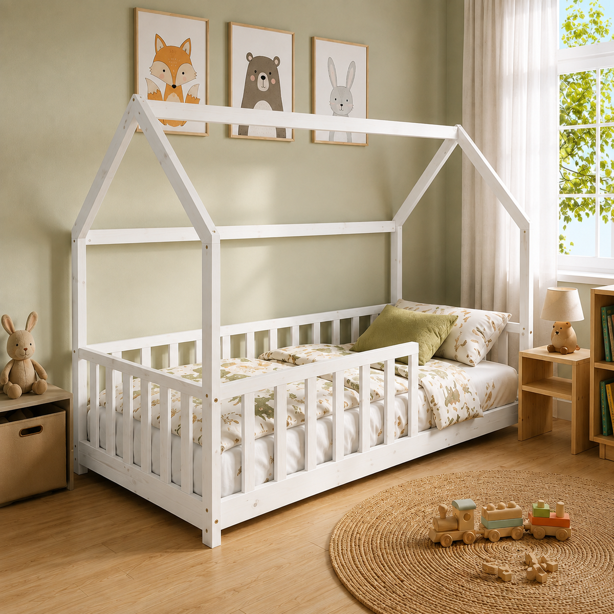 Lit cabane enfant Cocon en bois massif avec barrière, finition blanc