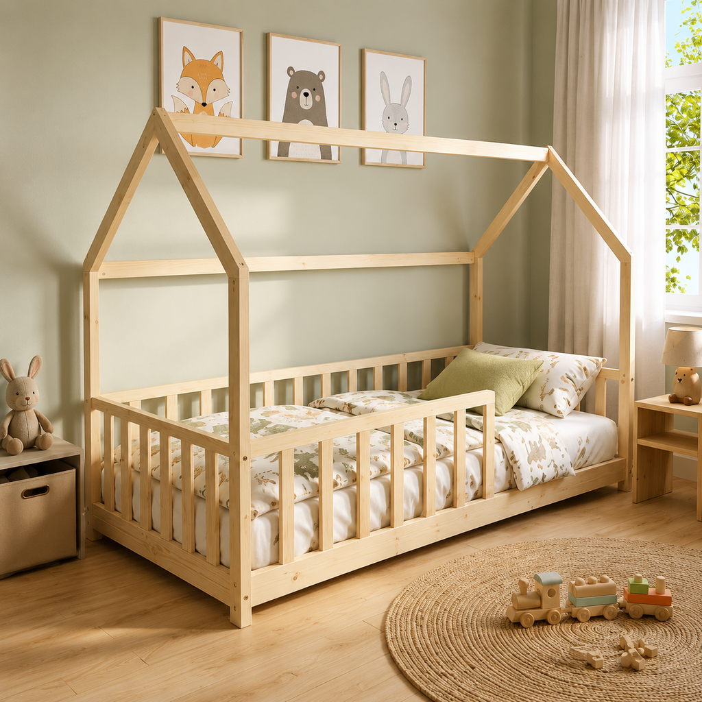 Lit cabane enfant Cocon en bois massif avec barrière, finition bois naturel