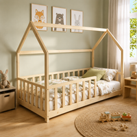 Lit cabane enfant Cocon en bois massif avec barrière, finition bois naturel