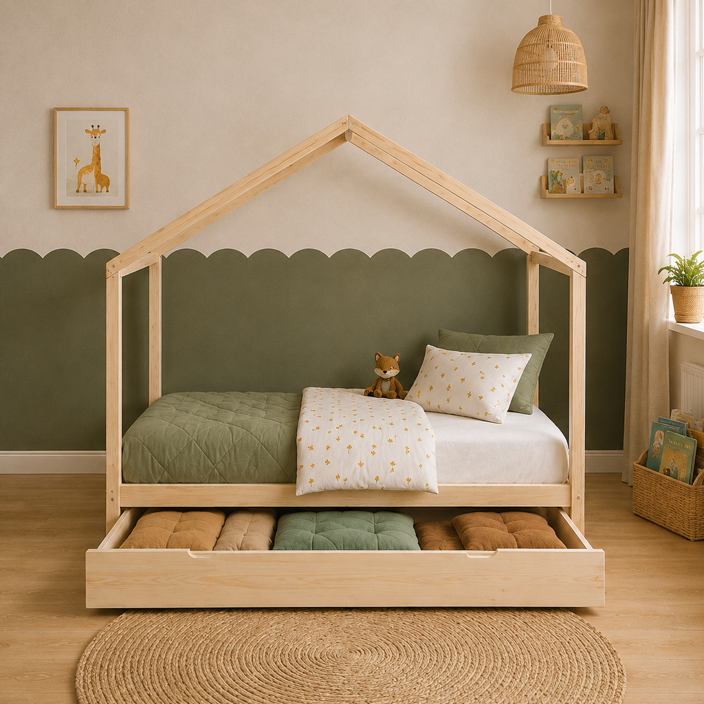 Lit cabane enfant Bruyère en bois massif, finition bois naturel, avec tiroir (vue 2)