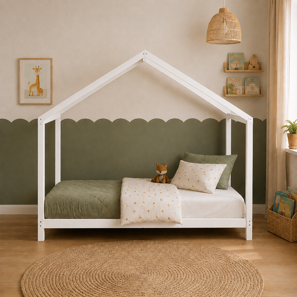 Lit cabane enfant Bruyère en bois massif, finition blanc (vue 2)