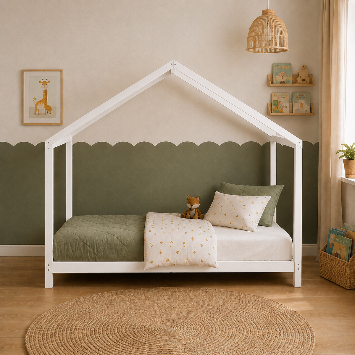 Lit cabane enfant Bruyère en bois massif, finition blanc (vue 2)