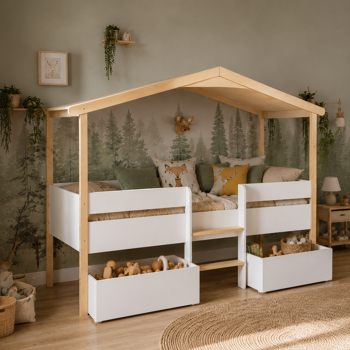 Lit cabane enfant Refuge surélevé avec tiroirs, blanc et bois naturel (vue 2)