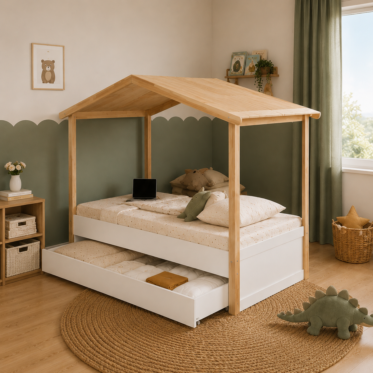 Lit cabane enfant Bastide avec grand tiroir, blanc et bois naturel (vue 2)