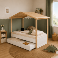 Lit cabane enfant Bastide avec grand tiroir, blanc et bois naturel (vue 2)