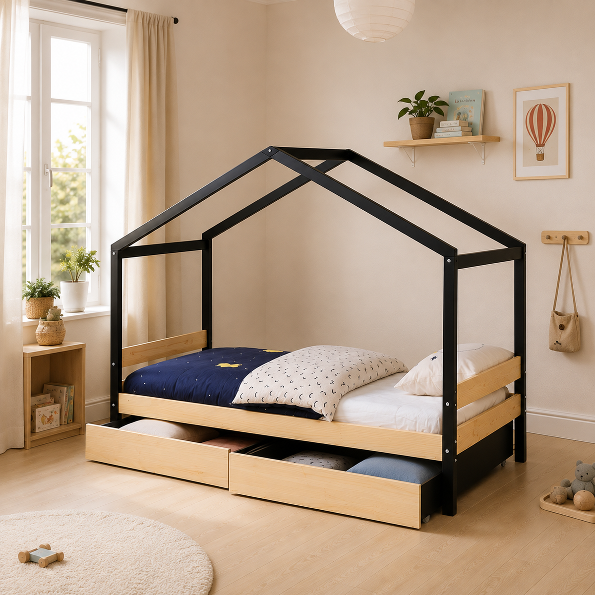 Lit cabane enfant Bohème en bois massif avec tiroirs (vue 2)