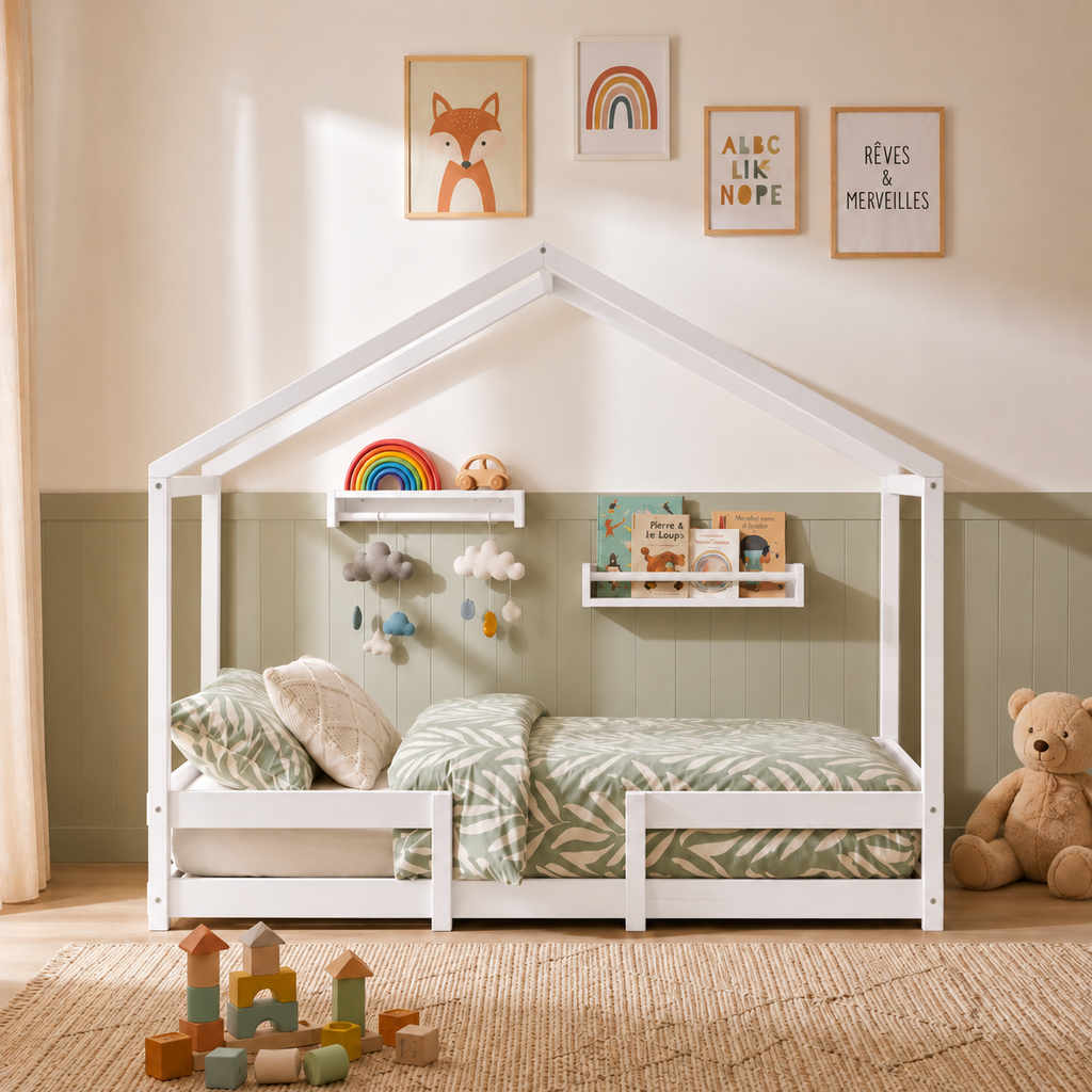 Lit cabane enfant Canopée en bois massif, finition blanc (vue 2)
