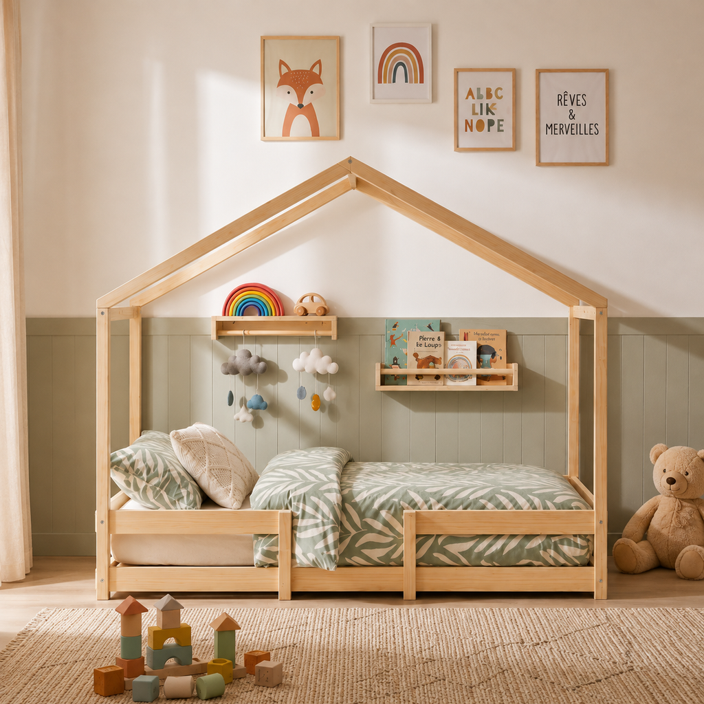 Lit cabane enfant Canopée en bois massif, finition bois naturel (vue 2)