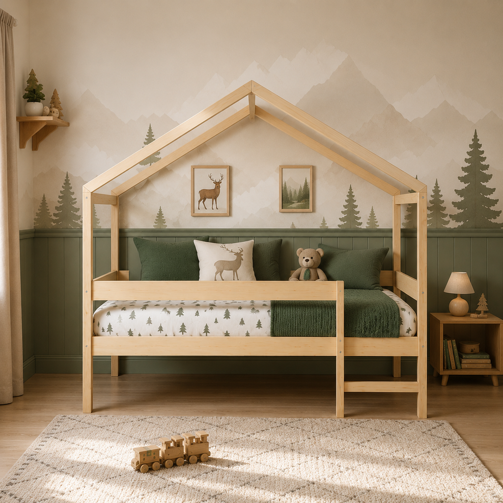 Lit cabane enfant Chalet en bois massif, finition bois naturel (vue 2)