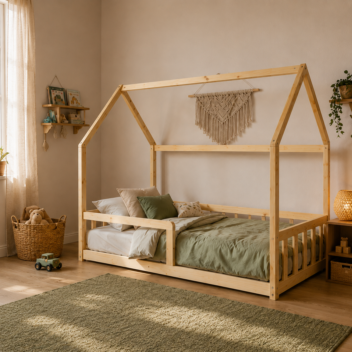 Lit cabane enfant Nid en bois massif avec barrière (vue 2)