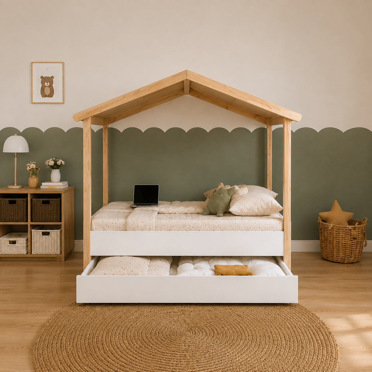 Lit cabane enfant Bastide avec grand tiroir, blanc et bois naturel (vue 3)