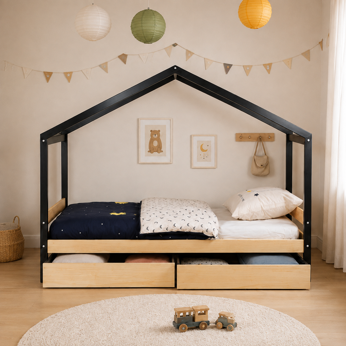 Lit cabane enfant Bohème en bois massif avec tiroirs (vue 3)