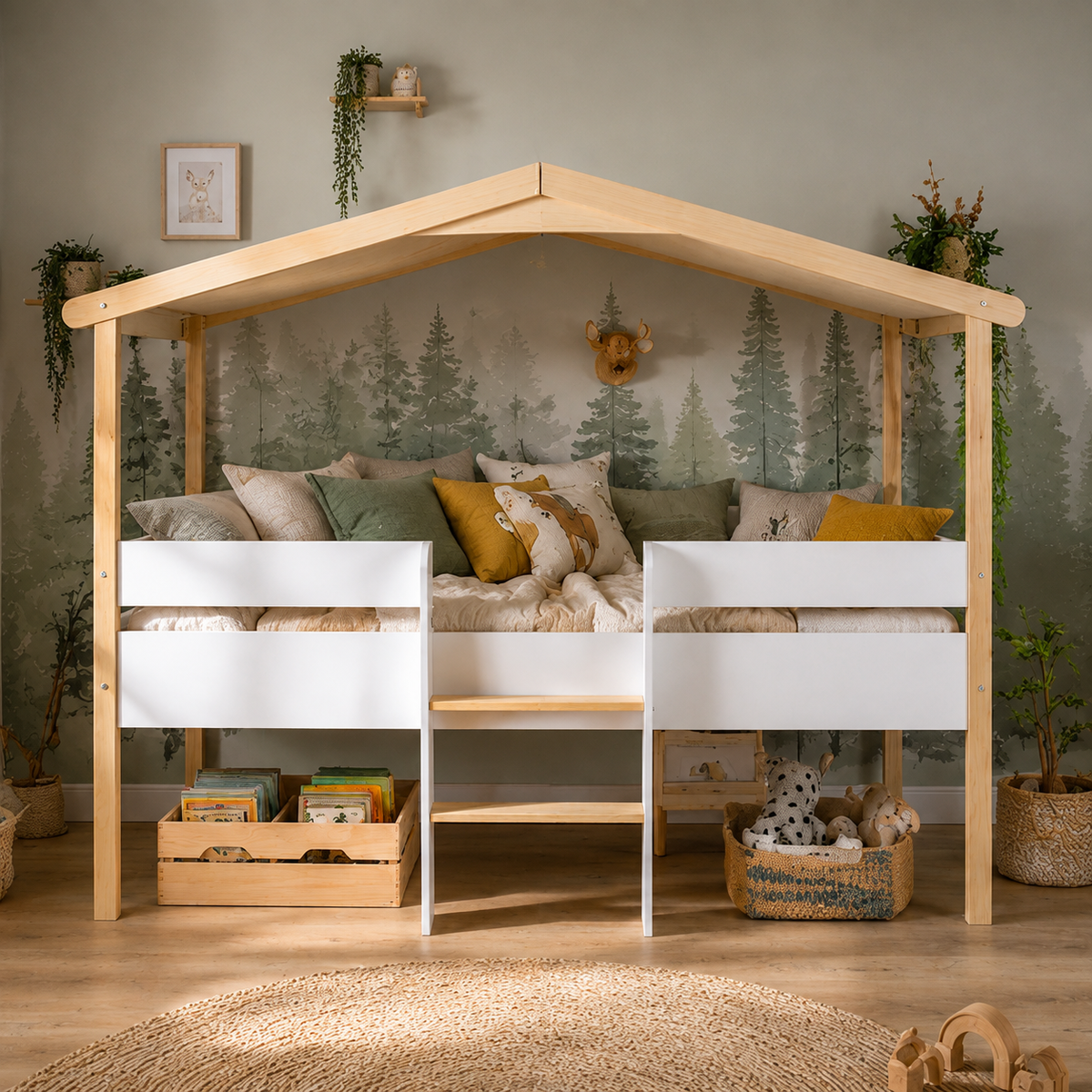 Lit cabane enfant Refuge surélevé, blanc et bois naturel (vue 3)