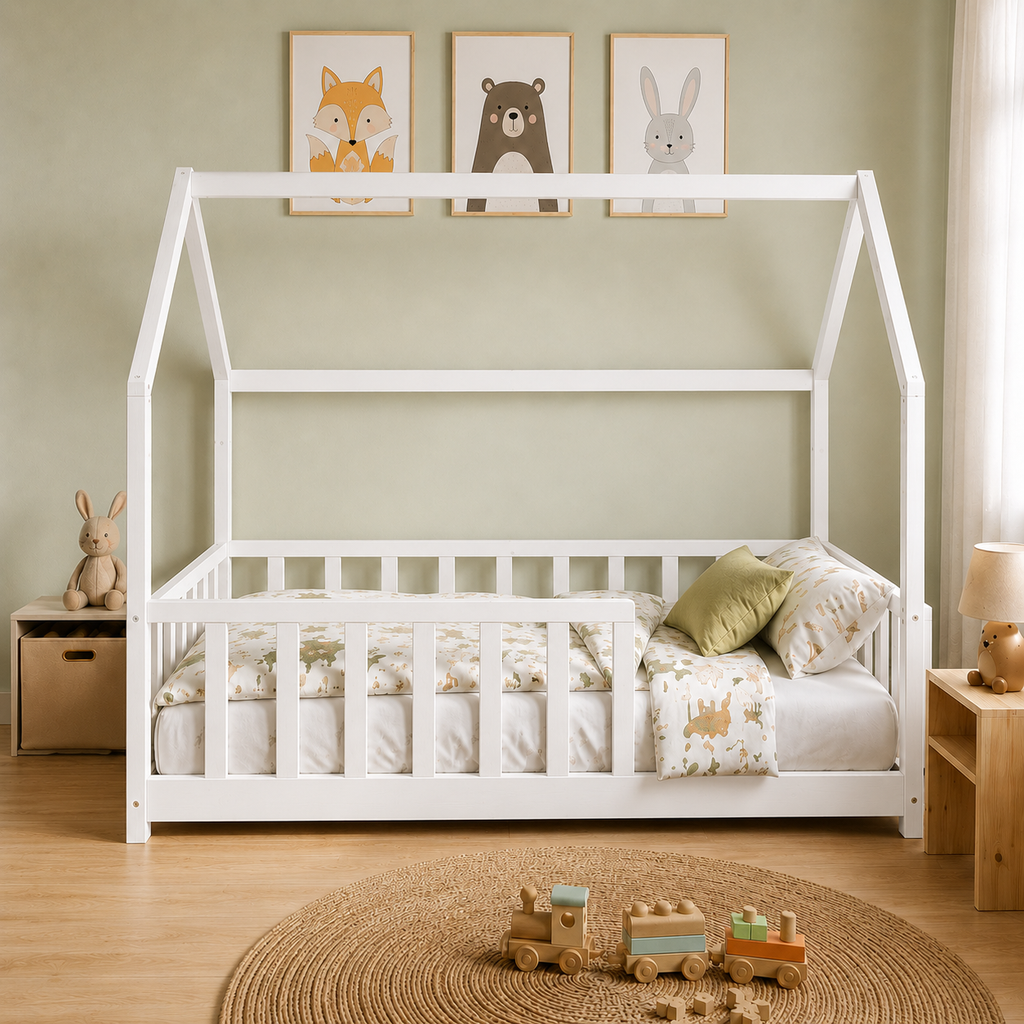 Lit cabane enfant Cocon en bois massif avec barrière, finition blanc (vue 2)