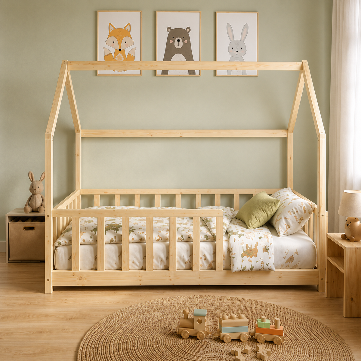 Lit cabane enfant Cocon en bois massif avec barrière, finition bois naturel (vue 2)