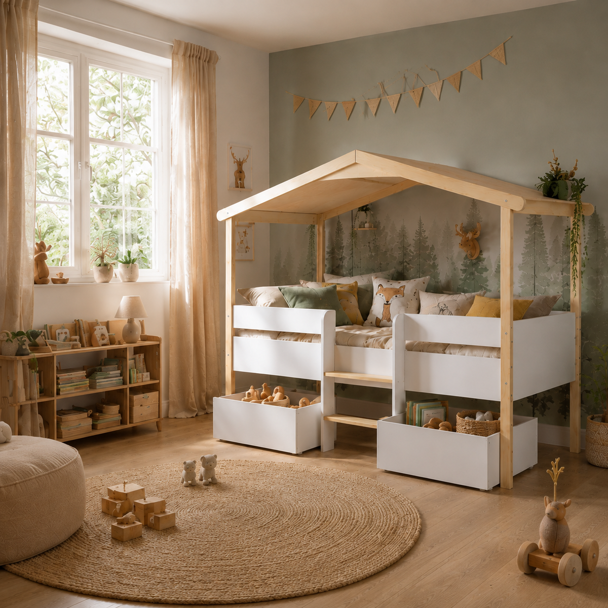 Lit cabane enfant Refuge surélevé avec tiroirs, blanc et bois naturel (vue 4)