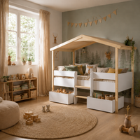 Lit cabane enfant Refuge surélevé avec tiroirs, blanc et bois naturel (vue 4)