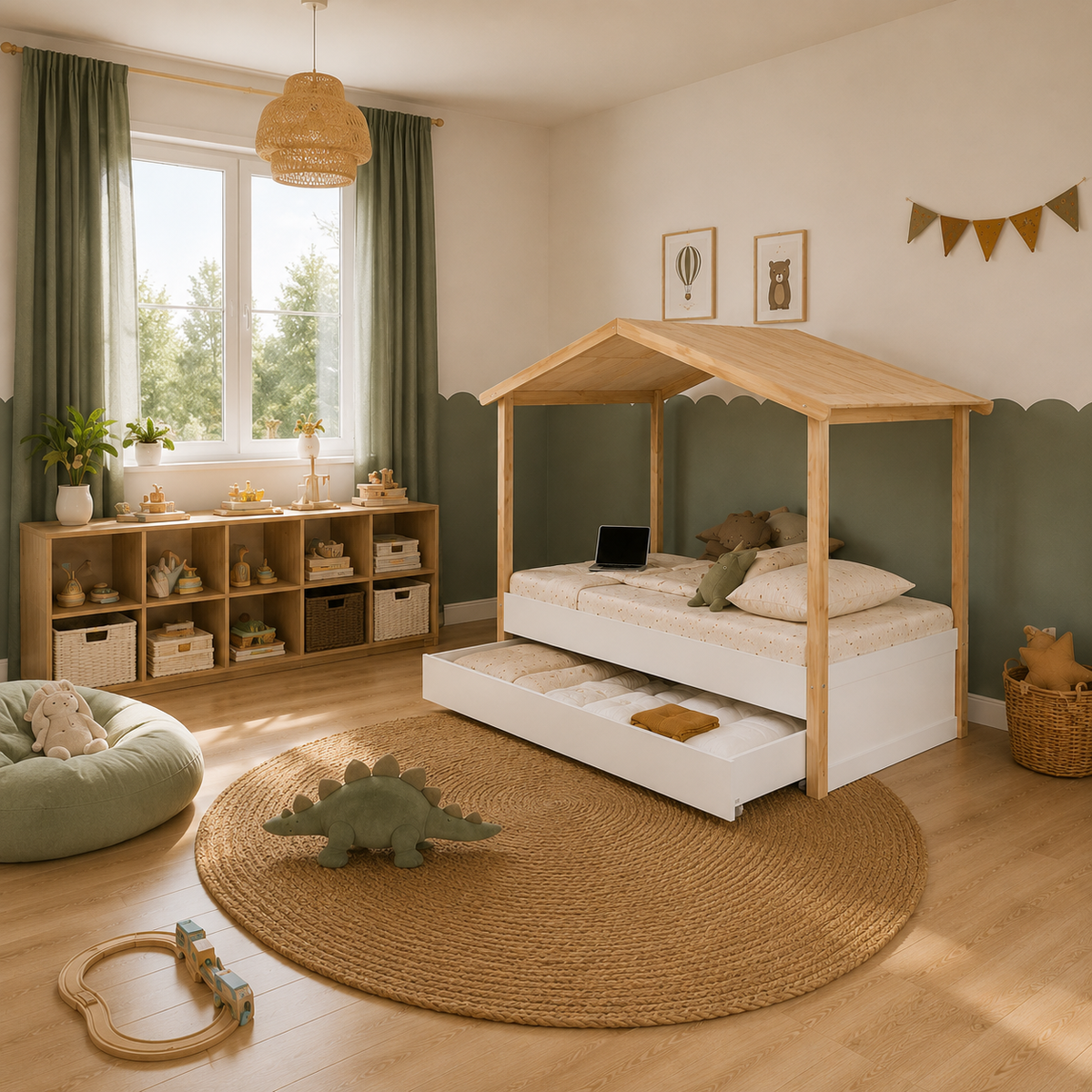 Lit cabane enfant Bastide avec grand tiroir, blanc et bois naturel (vue 4)