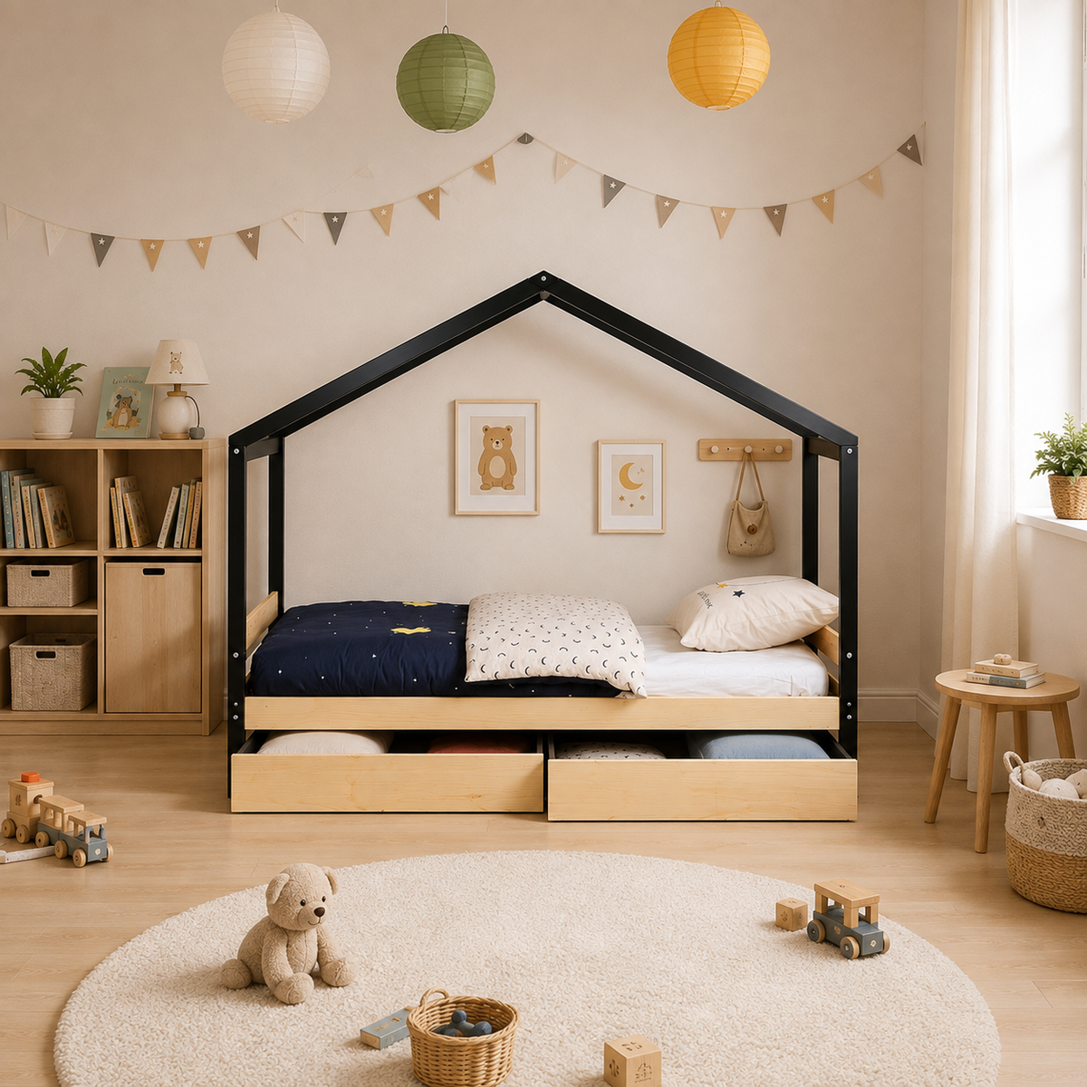 Lit cabane enfant Bohème en bois massif avec tiroirs (vue 4)