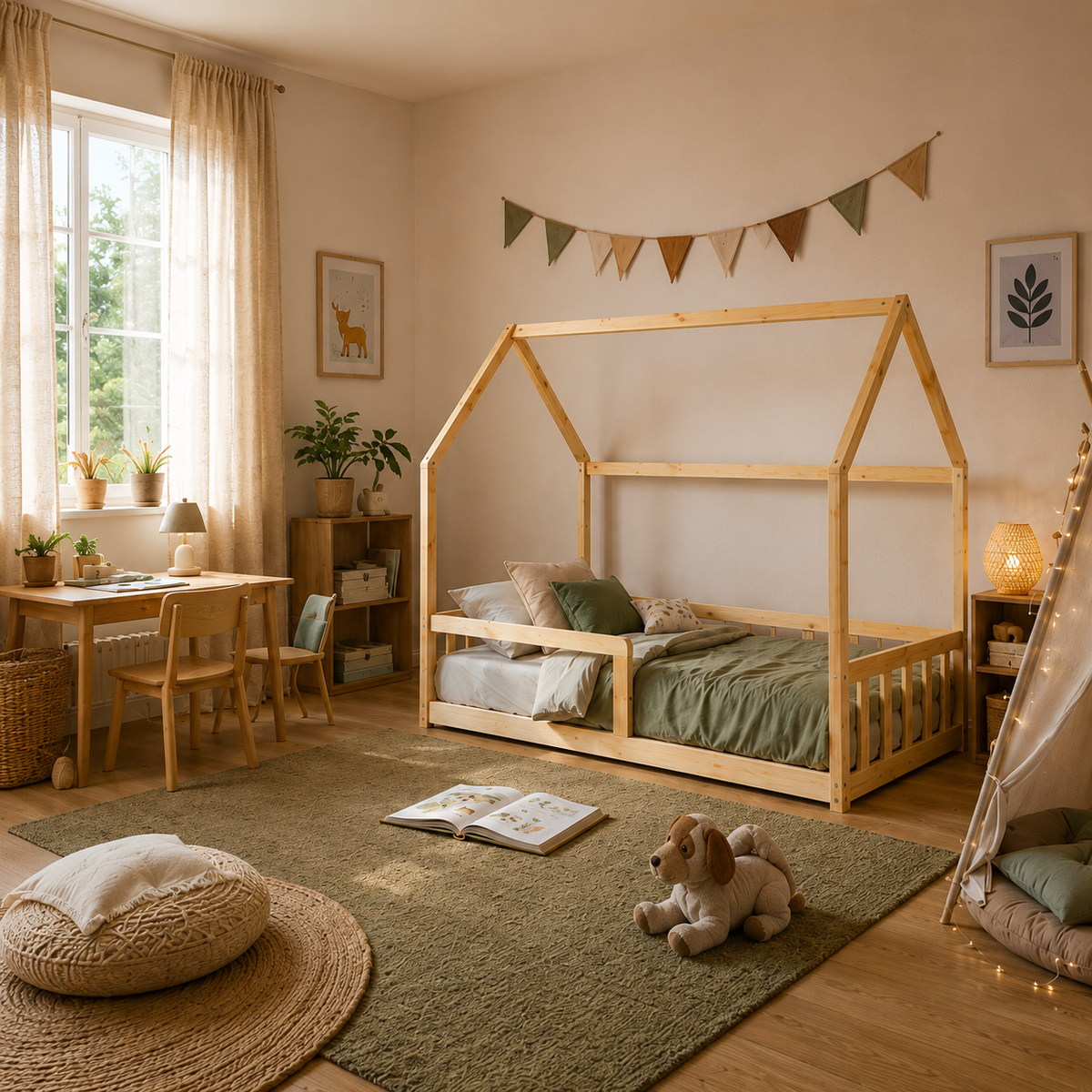 Lit cabane enfant Nid en bois massif avec barrière (vue 4)