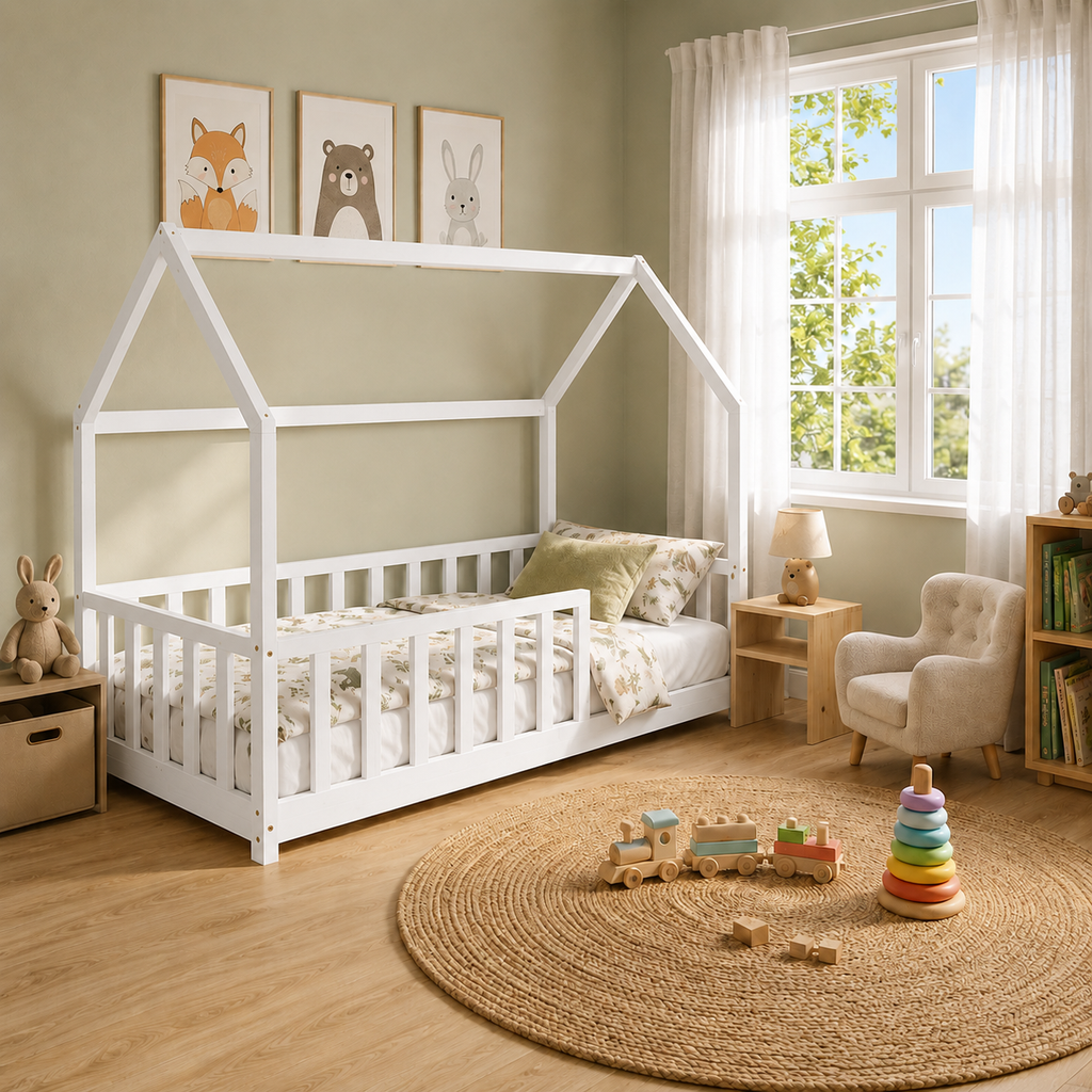Lit cabane enfant Cocon en bois massif avec barrière, finition blanc (vue 4)