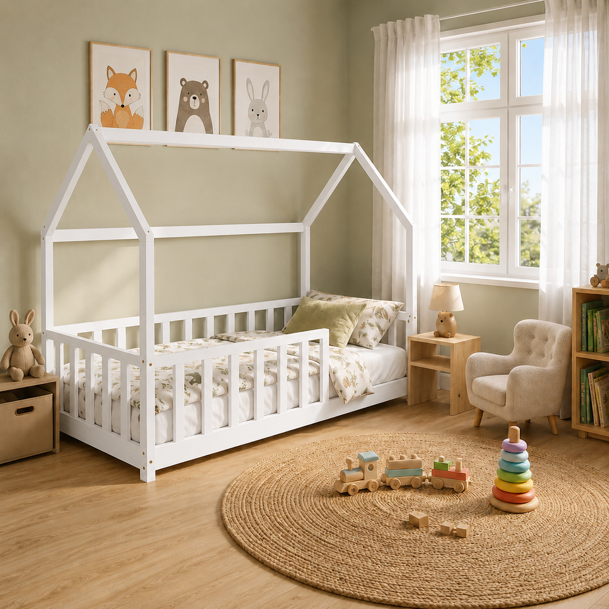 Lit cabane enfant Cocon en bois massif avec barrière, finition blanc (vue 4)