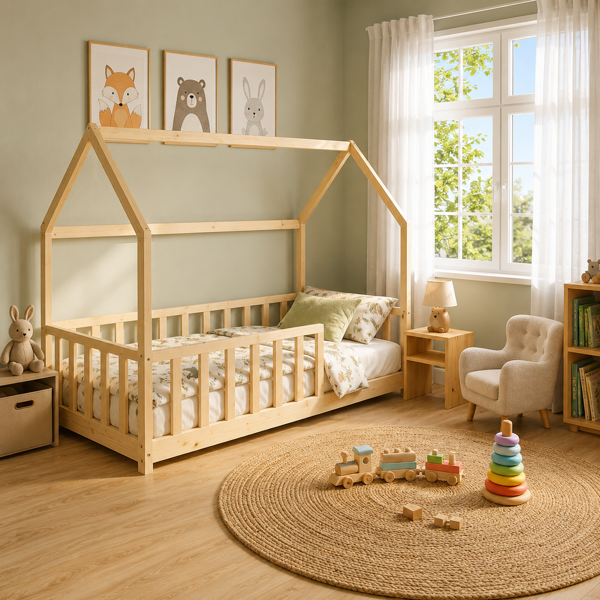 Lit cabane enfant Cocon en bois massif avec barrière, finition bois naturel (vue 4)
