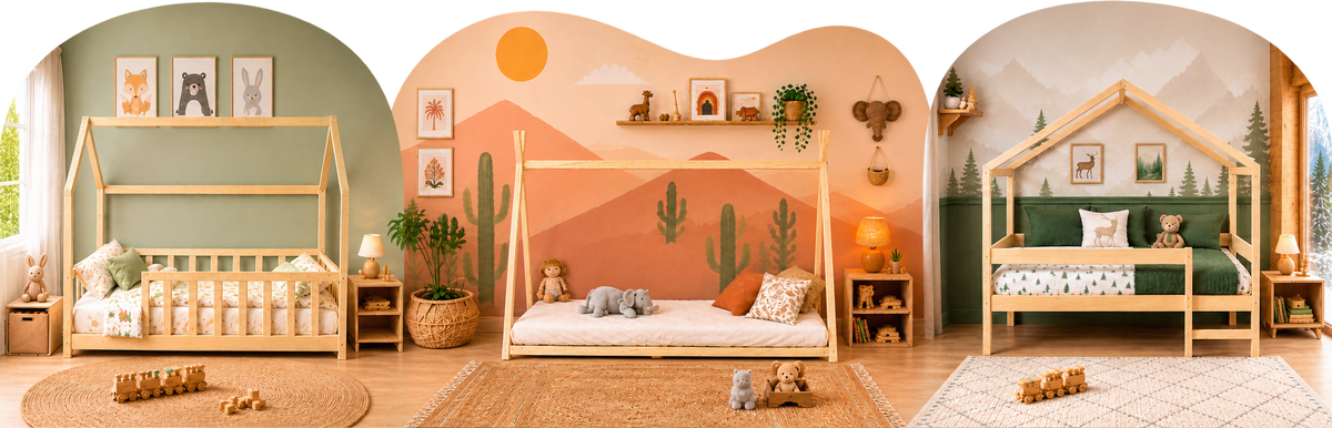 Trois lits cabane enfant en bois : lit cabane avec barrière, lit tipi au sol et lit cabane grand toit surélevé Image