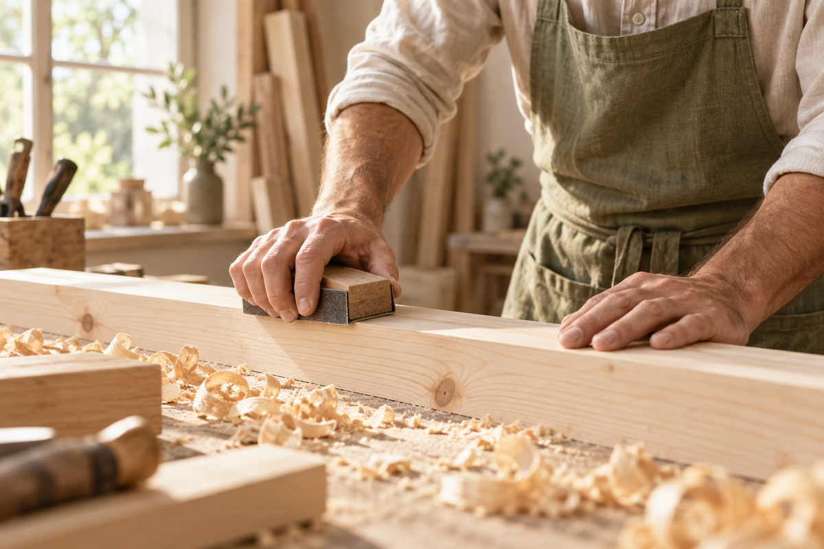 Artisan ponçant une planche de bois massif clair Image