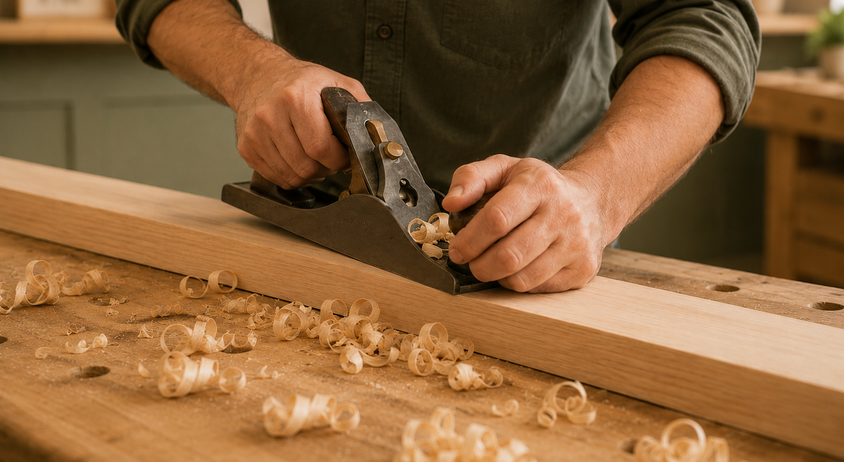 Artisan menuisier rabotant une planche de bois à l'atelier Image