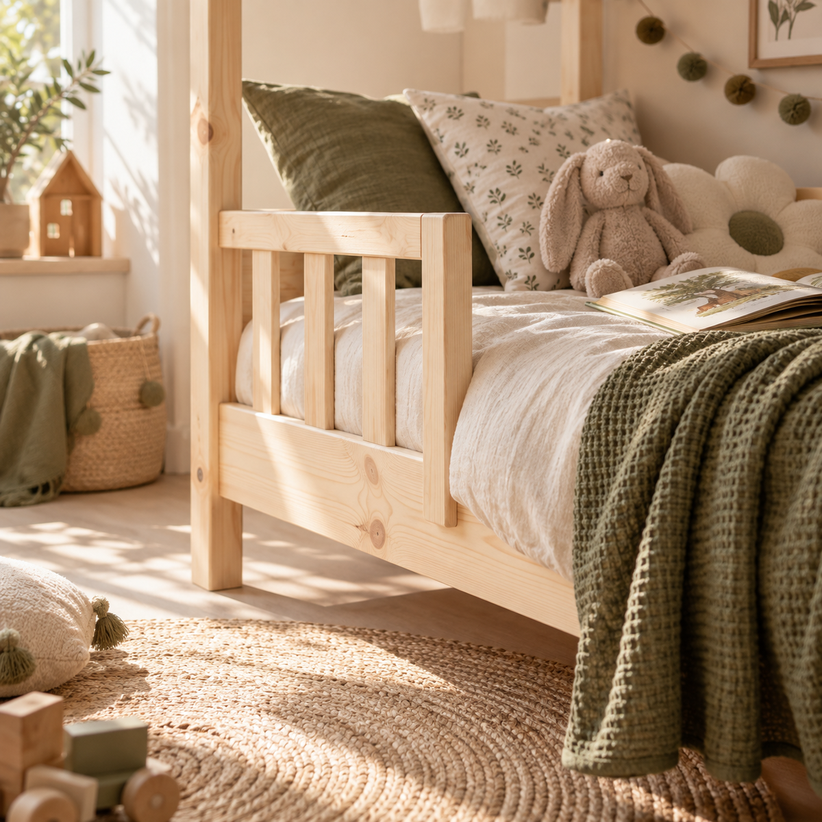 Chambre d'enfant avec lit en bois naturel et linge de lit vert olive Image