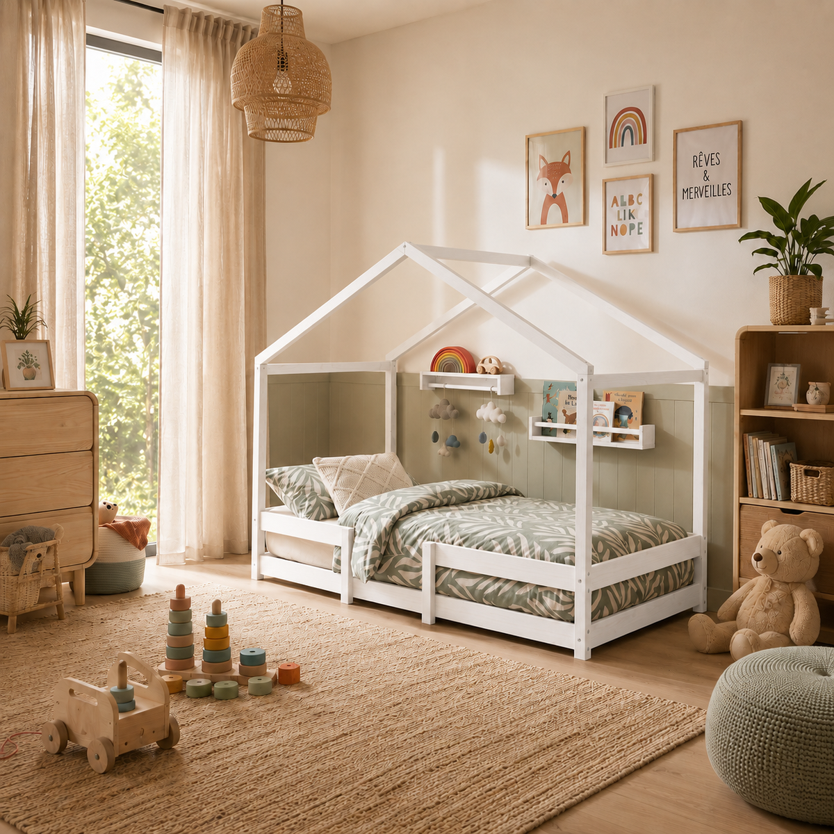Lit cabane enfant Canopée en bois massif, finition blanc (vue 3)