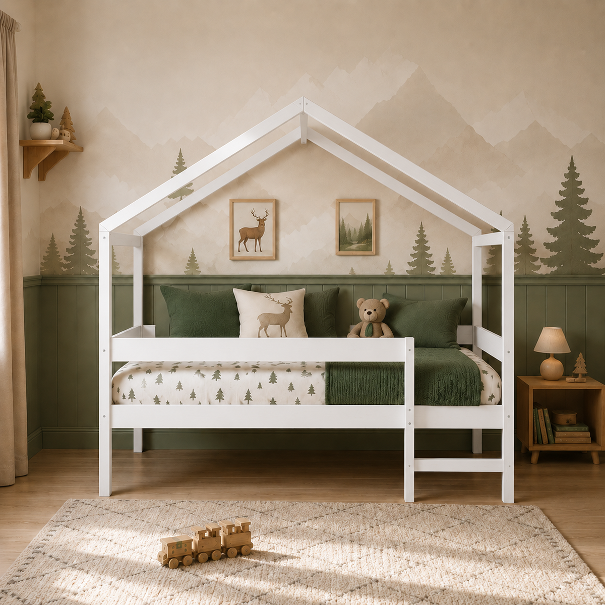 Lit cabane enfant Chalet en bois massif, finition blanc