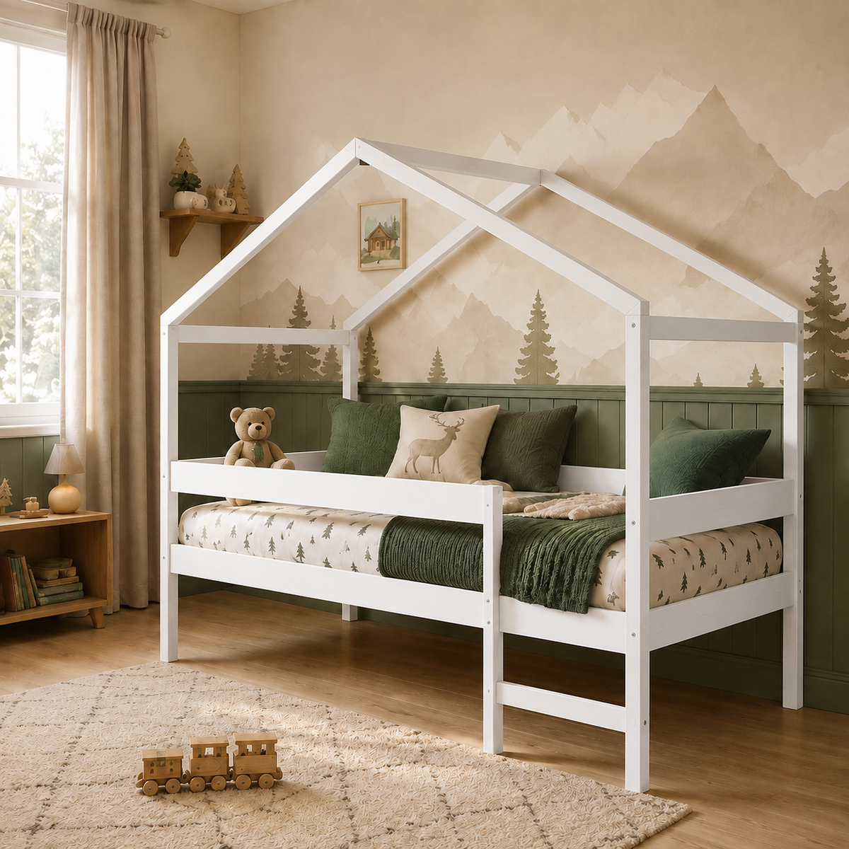 Lit cabane enfant Chalet en bois massif, finition blanc (vue 2)