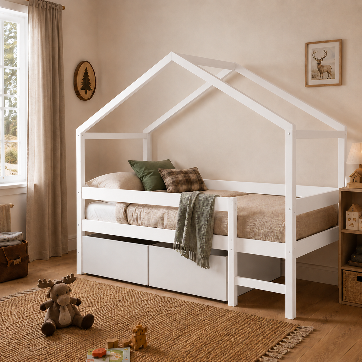 Lit cabane enfant Chalet en bois massif, finition blanc, avec tiroirs