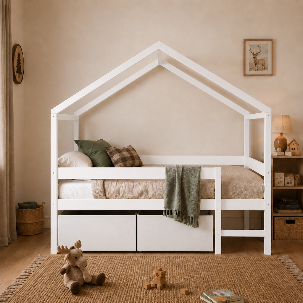 Lit cabane enfant Chalet en bois massif, finition blanc, avec tiroirs (vue 2)