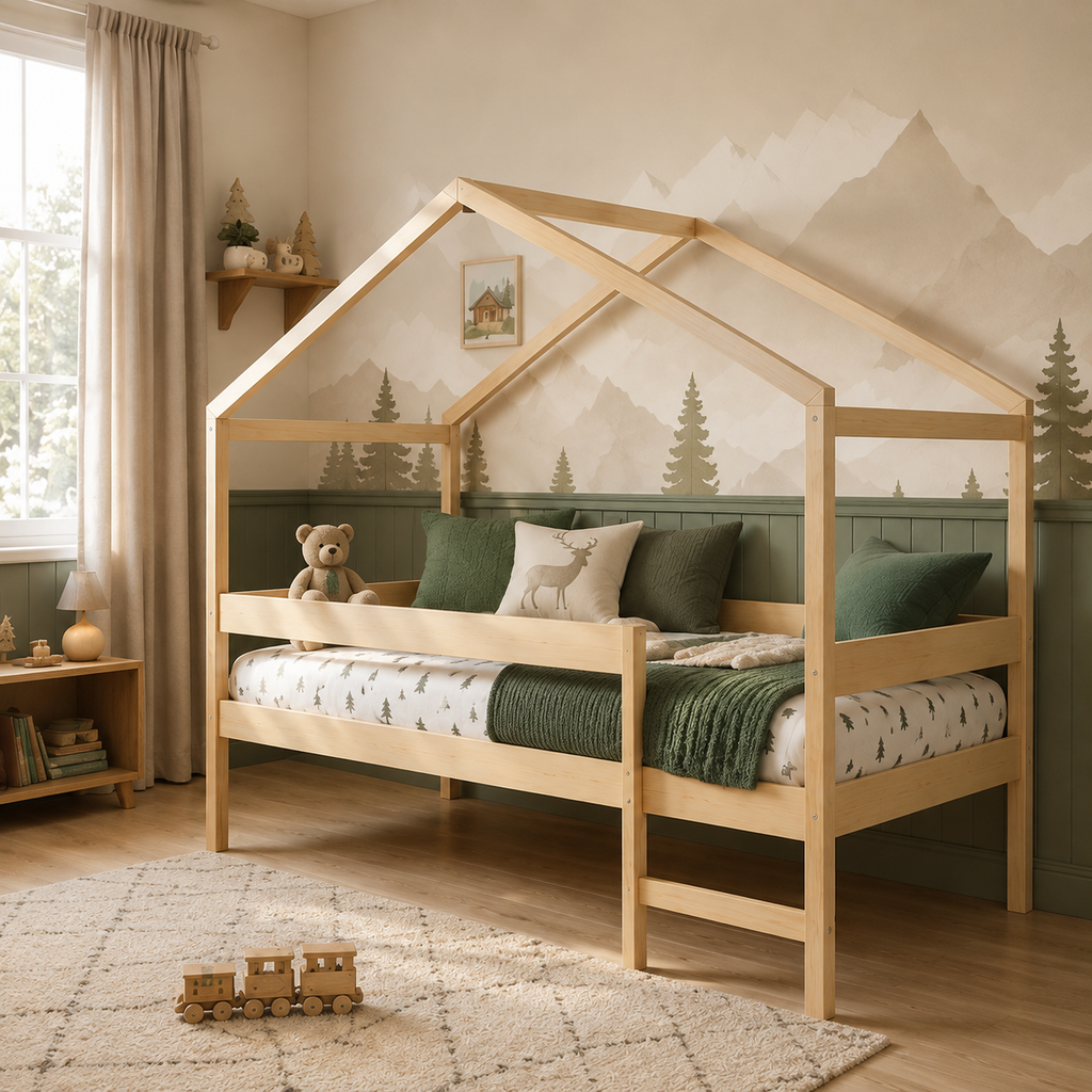 Lit cabane enfant Chalet en bois massif, finition bois naturel