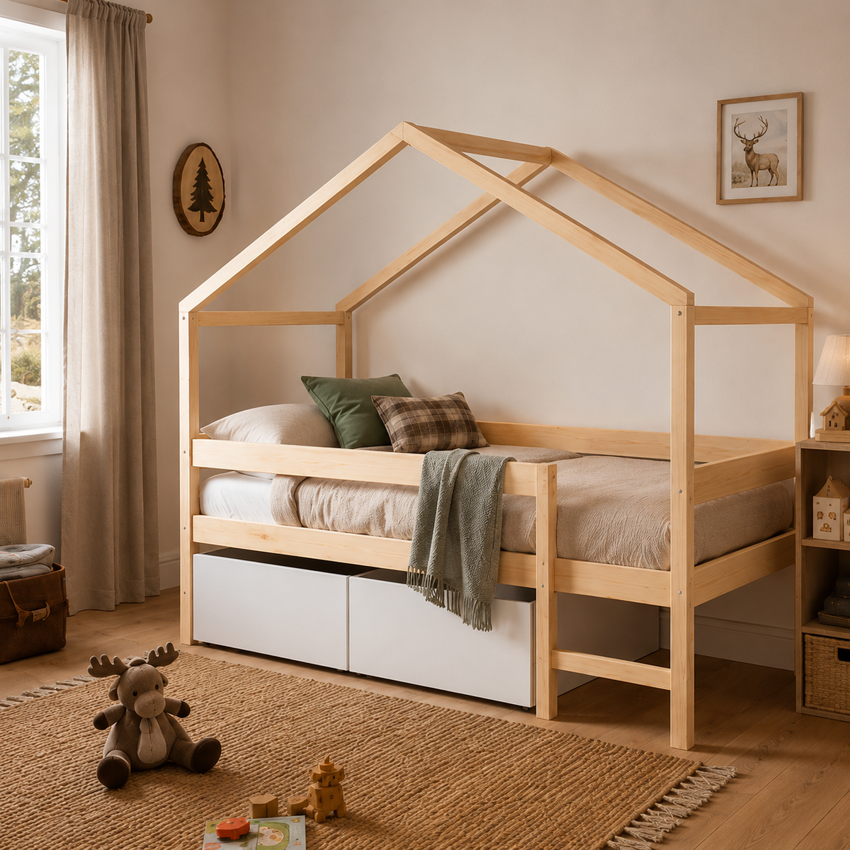 Lit cabane enfant Chalet en bois massif, finition bois naturel, avec tiroirs